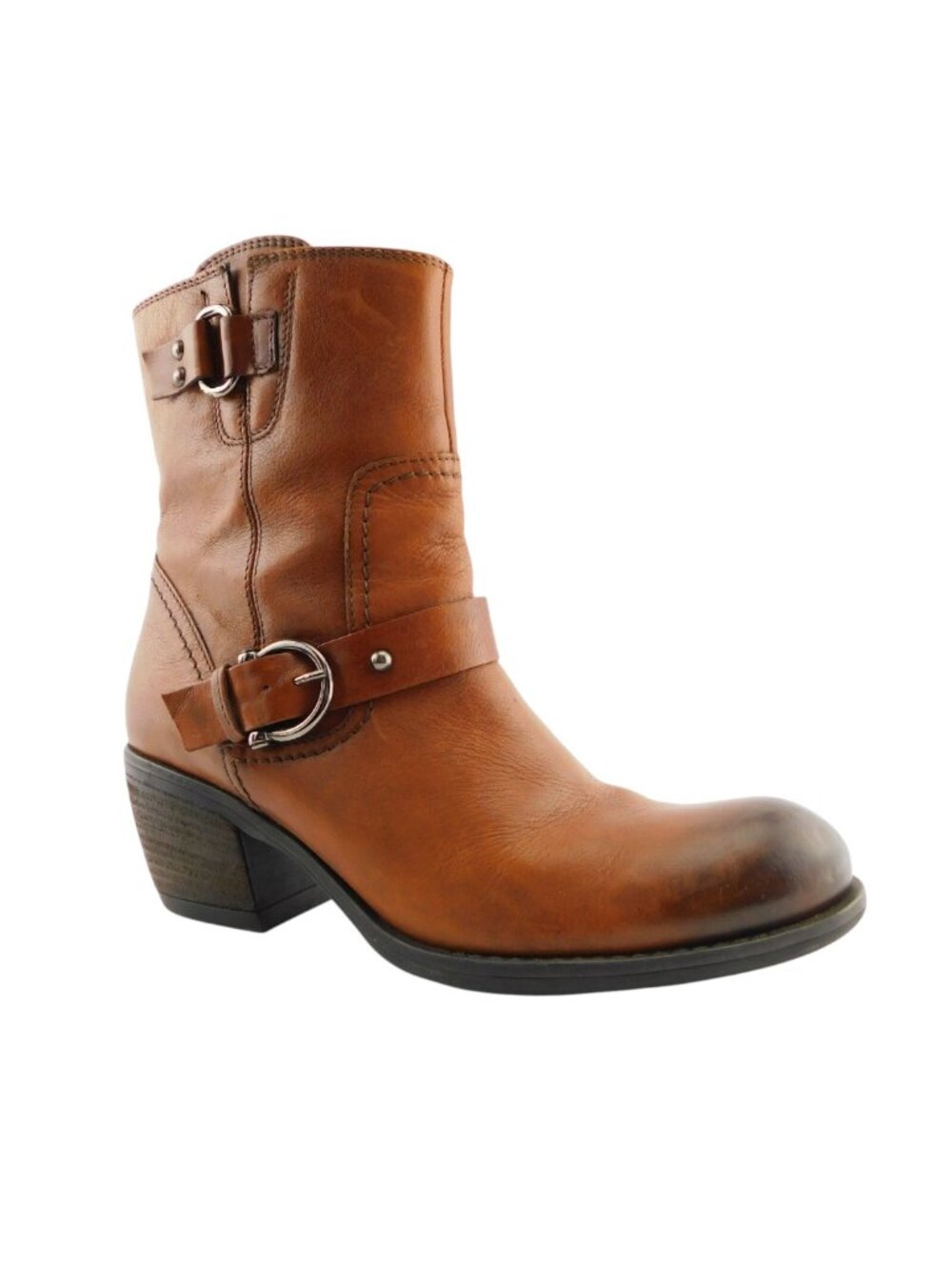 CLARKS Cognac Brown Leather Block Heel Buckled Ankle Boots 9